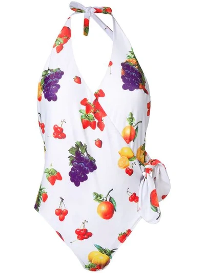 Msgm V-neck Swimsuit With Fruit Print In White