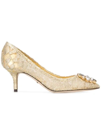 Dolce & Gabbana Bellucci Pumps In Lurex And Gold Lace With Brooch In Neutrals