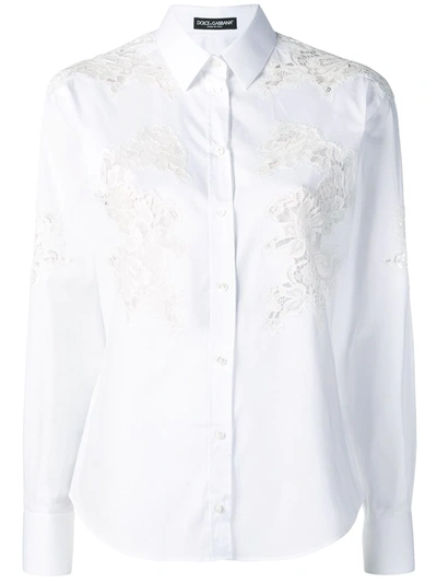 Dolce & Gabbana Long-sleeve Button-front Lace-inset Poplin Blouse In White