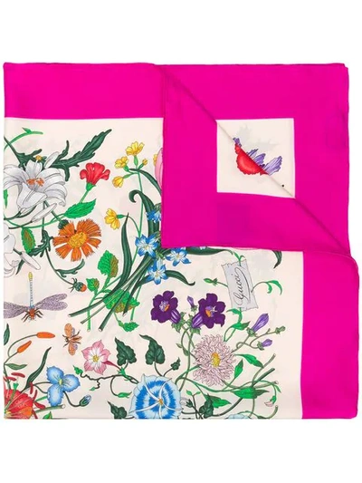 Gucci Flora Gothic印花围巾 - 粉色 In 9272 Ivory/pink
