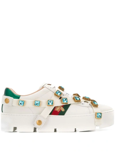 Gucci Crystal Embellished Bee Sneakers In White