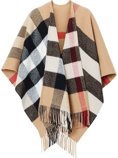 Burberry Check Wool And Cashmere Poncho In Beige,red,black