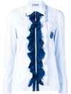Prada Ruffled Zip-up Striped Cotton Shirt In Light Blue