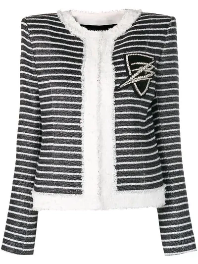 Balmain Collarless Striped Jacket In Black/white