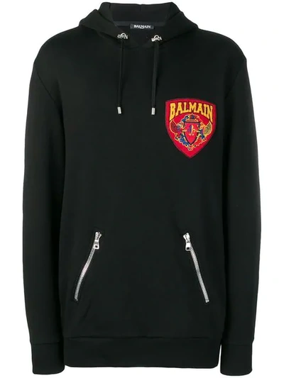 Balmain Logo Patch Hoodie In Black