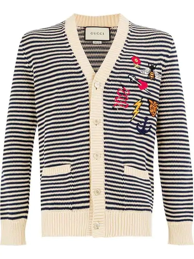Gucci Embroidered Details Striped Cardigan In Neutrals
