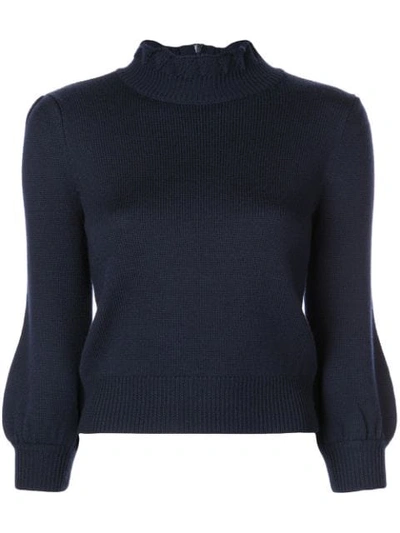 Co Ruffled Turtleneck Long-sleeve Wool Sweater In Blue