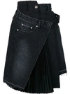 Sacai Asymmetric Pleated Wrap Denim Skirt In Black