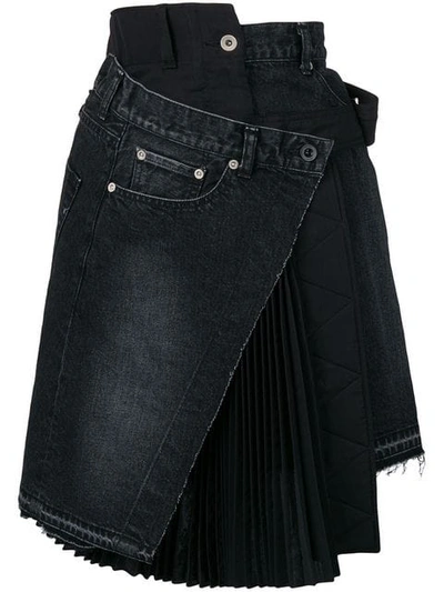 Sacai Asymmetric Pleated Wrap Denim Skirt In Black
