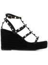 Valentino Rockstud Ankle Strap Wedge Sandal In Calfskin Leather 95 Mm In Black