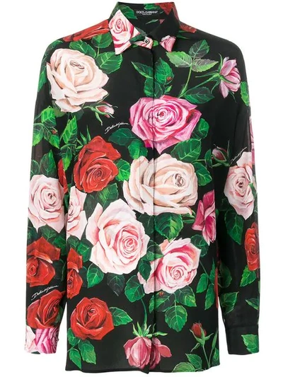 Dolce & Gabbana Long-sleeve Floral Crepe De Chine Tunic In Black