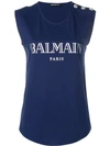 Balmain Metallic Logo-print Cotton-jersey Top In Blue