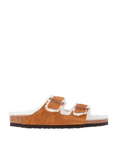 Birkenstock Man Sandals Camel Size 9 Shearling, Leather In Beige