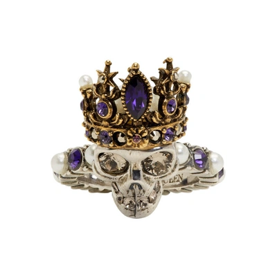 Alexander Mcqueen Silver & Gold Queen Skull Ring In Antique Silver