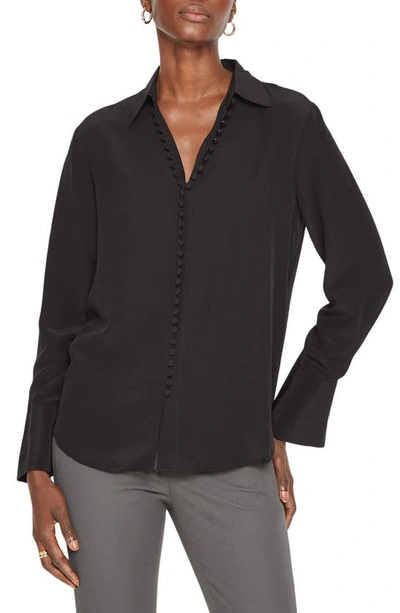 Club Monaco Black Open Neck Silk Button Down Blouse In Size Xxs