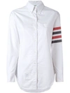 THOM BROWNE LONG SLEEVE BUTTON DOWN WITH WOVEN 4-BAR STRIPE IN UNIVERSITY STRIPE OXFORD