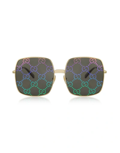 Gucci Sunglasses Rectangular-frame Metal Sunglasses W/ Gg Pattern Lenses In Gold,shaded Black