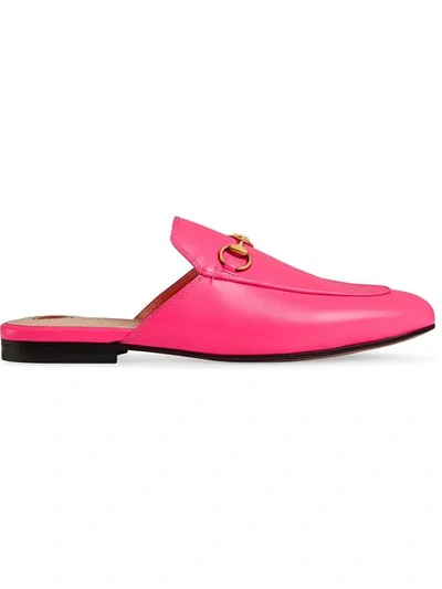 Gucci Neon Leather Horsebit Mules In Pink