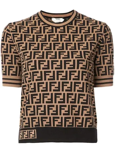 Fendi Women Brown T-shirt With Short Sleeves And All-over Ff Motiv In Cotton Woman In Black