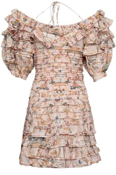 Zimmermann Off-the-shoulder Tiered Printed Linen And Silk-blend Mini Dress In Antique Rose