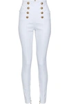 BALMAIN BUTTON-EMBELLISHED HIGH-RISE SKINNY JEANS,3074457345623231618