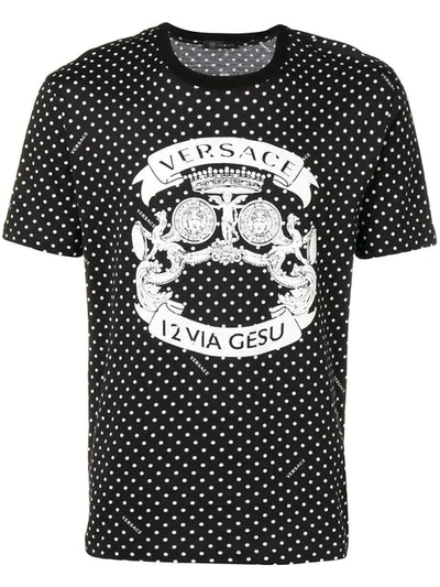 Versace Logo Polka Dot Crewneck T-shirt In Black White