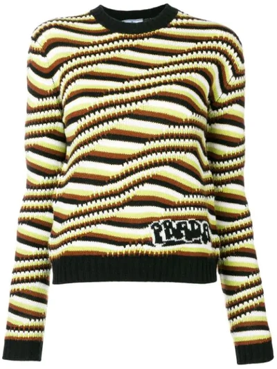 Prada Stripe And Wave-intarsia Cashmere Jumper In Tabacco