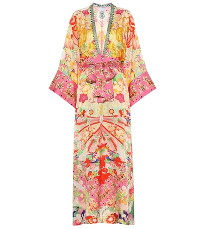 Camilla Embellished Printed Silk Crepe De Chine Dressing Gown In Yellow