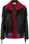 BALENCIAGA Layered fringed leather, denim and jersey biker jacket