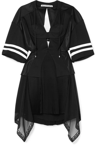 Alexander Wang Striped Cutout Pleated Mesh And Georgette Mini Dress In Black