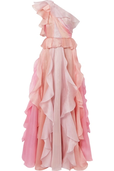 Marchesa One-shoulder Ruffled Silk-organza Gown In Panelled Colour Block