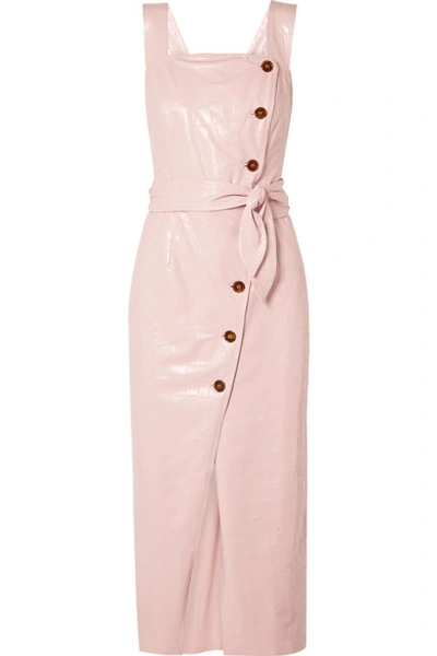 Nanushka Zora Belted Shirred Croc-effect Vegan Leather Midi Dress In Pastel Pink