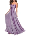 LA FEMME STRAPLESS METALLIC CHIFFON GOWN WITH RUCHED BODICE,PROD218840065