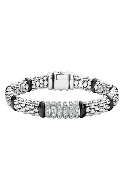 Lagos Sterling Silver Black Caviar Rope Bracelet With Diamonds & Black Ceramic In Silver/black Ceramic/diamond