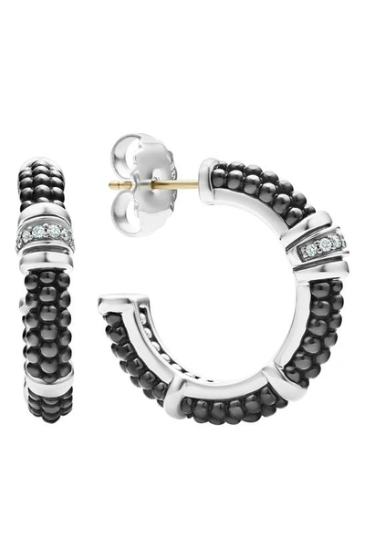 Lagos Sterling Silver Black Caviar Diamond & Black Ceramic Hoop Earrings In Black/silver