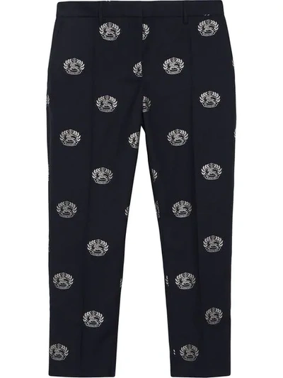 Burberry Crest Detail Wool Cropped Tailored Trousers In Midnight Blue Ip Ptn