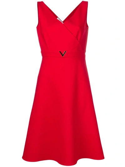 Valentino V-hardware Double Crepe Dress In Red