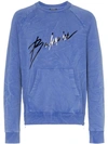 Balmain Distressed-effect Logo-print Cotton Sweatshirt In Blue