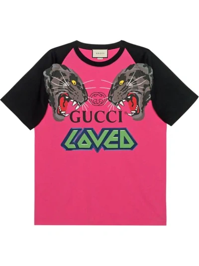 Gucci Tiger And Logo-print Cotton T-shirt In Pink