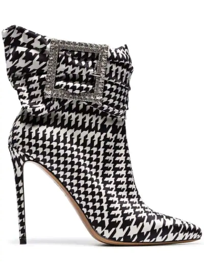 Alexandre Vauthier Black And White Yasmin 100 Houndstooth Print Buckle Embellished Ankle Boots - 白色 In Black