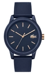 Lacoste Men's 12.12 Blue Rubber Strap Watch 42mm Women's Shoes In Navy/ Rose Gold/ Navy