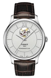 TISSOT TRADITION POWERMATIC 80 OPEN HEART LEATHER STRAP WATCH, 40MM,T0639071603800