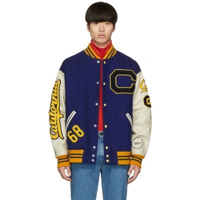 Calvin Klein 205w39nyc Oversized Appliquéd Virgin Wool And Leather Bomber Jacket In Blue