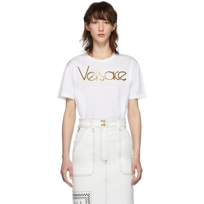 Versace Metallic Logo Print Short Sleeve T Shirt In White