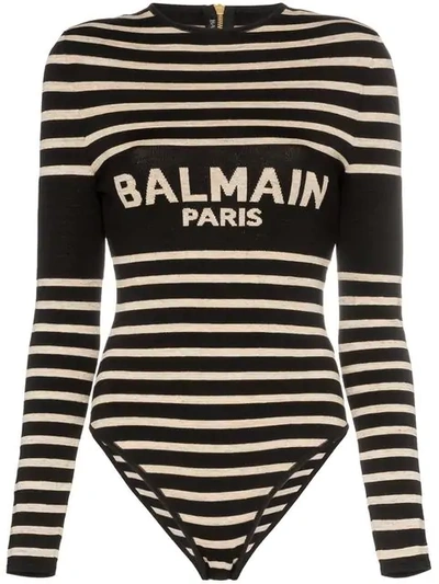 Balmain Logo Intarsia Viscose Knit Bodysuit In Black