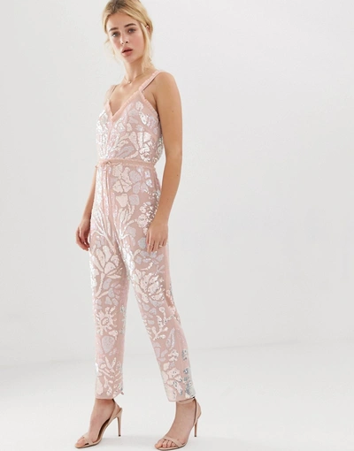Needle & Thread Needle And Thread Floral Embellished Jumpsuit With Tie Waist In Rose Quartz-pink