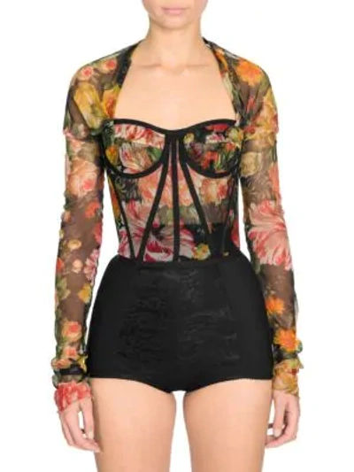 Dolce & Gabbana Floral Long Sleeve Bustier In Black Multi