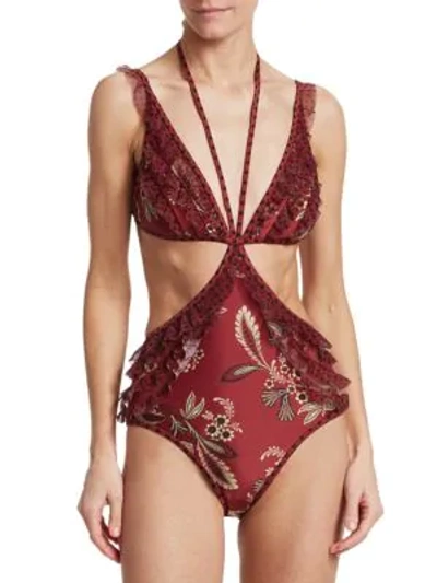 Zimmermann Juno Cut Out Ruffle Floral & Polka Dot One-piece Swimsuit In Spliced