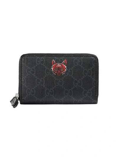 Gucci Gg Supreme Card Case With Wolf In Black