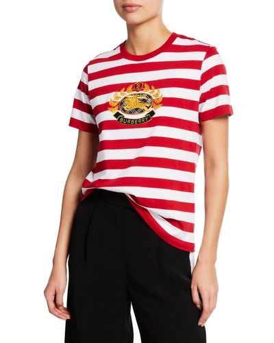 Burberry Appliquéd Striped Cotton-jersey T-shirt In Red